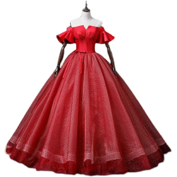 Elegant Red Spotted Prom Dresses 2022 Ball Gown Off-The-Shoulder Bell sleeves Backless Bow Sash Floor-Length / Long Formal Dresses