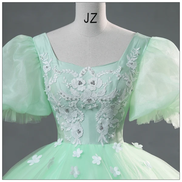 Elegant Sage Green Lace Flower Cascading Ruffles Prom Dresses 2024 Ball Gown Square Neckline Puffy Short Sleeve Backless Floor-Length / Long Prom Formal Dresses