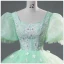Elegant Sage Green Lace Flower Cascading Ruffles Prom Dresses 2024 Ball Gown Square Neckline Puffy Short Sleeve Backless Floor-Length / Long Prom Formal Dresses