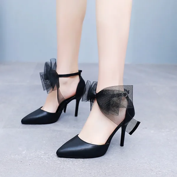 Chic / Beautiful Black Ankle Strap Bow Prom Womens Shoes 2026 9 cm Stiletto Heels Pointed Toe High Heels