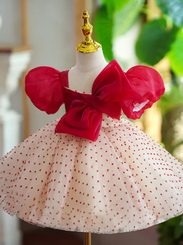 Chic / Beautiful Burgundy Spotted Bow Short Flower Girl Dresses 2023 Ball Gown Birthday Square Neckline Puffy Short Sleeve