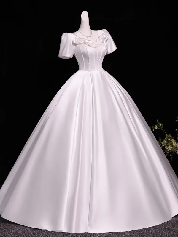Vintage / Retro Ivory Pearl Appliques Prom Dresses 2026 Ball Gown Scoop Neck Short Sleeve Backless Floor-Length / Long Formal Dresses