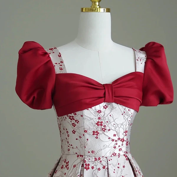 Elegant Burgundy Printing Satin Prom Dresses 2023 A-Line / Princess Square Neckline Bow Puffy Short Sleeve Backless Floor-Length / Long Formal Dresses