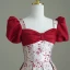 Elegant Burgundy Printing Satin Prom Dresses 2023 A-Line / Princess Square Neckline Bow Puffy Short Sleeve Backless Floor-Length / Long Formal Dresses