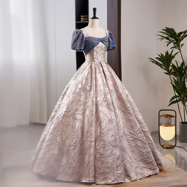 Fashion Dusky Pink Sequins Prom Dresses 2023 Ball Gown Square Neckline Bow Short Sleeve Backless Floor-Length / Long Formal Dresses