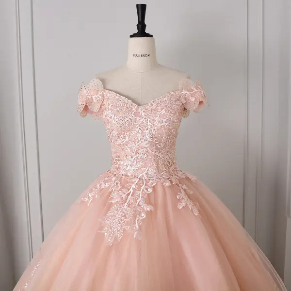 Élégant Rougissant Rose Fait main Perlage Paillettes En Dentelle Fleur Robe De Bal 2026 Robe Boule De l'épaule Sans Manches Dos Nu Longue Tulle Robe De Ceremonie