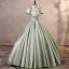 Modest / Simple Sage Green Satin Prom Dresses 2023 Ball Gown Square Neckline Puffy Short Sleeve Backless Floor-Length / Long Prom Formal Dresses