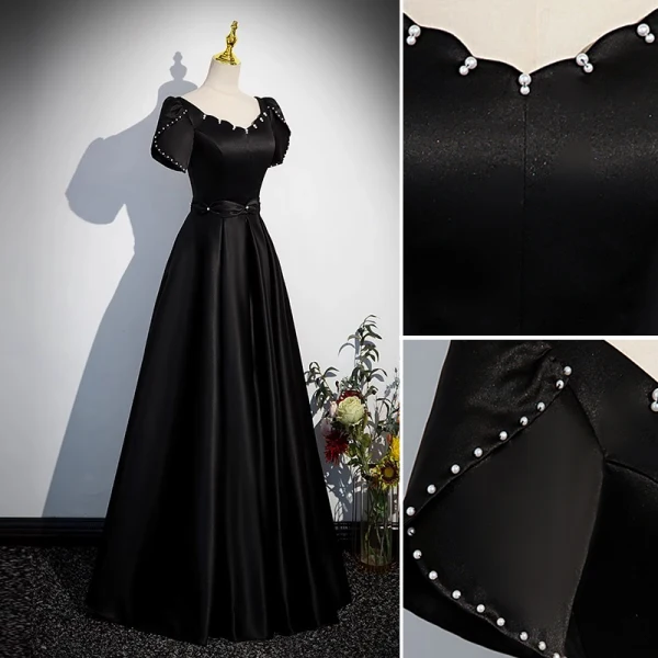 Élégant Noire Satin Robe De Bal 2023 Princesse Perle Encolure Dégagée Manches Courtes Dos Nu Longue Promo Robe De Ceremonie