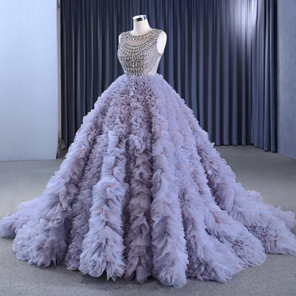 High-end Charming Grey Lavender Handmade  Rhinestone Pleated Prom Dresses 2023 Ball Gown Scoop Neck Sleeveless Chapel Train Prom Formal Dresses