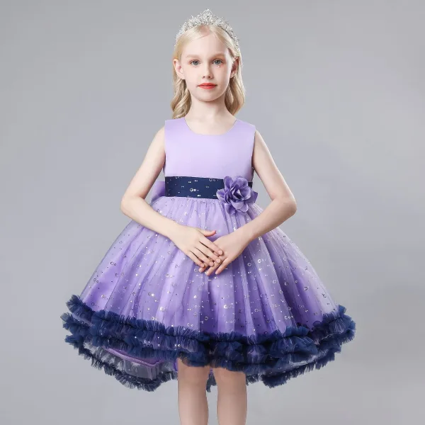 Chic / Beautiful Champagne Appliques Sequins Birthday Flower Girl Dresses 2023 A-Line / Princess Scoop Neck Sleeveless Bow Short Flower Girl Dresses