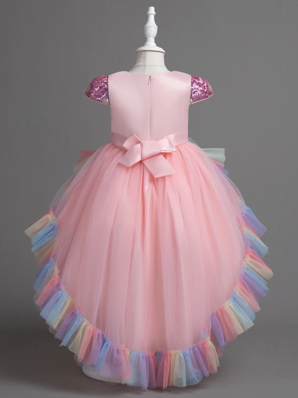 Chic / Beautiful Candy Pink Sequins Bow Sash Asymmetrical Birthday Flower Girl Dresses 2024 Ball Gown Scoop Neck Short Sleeve