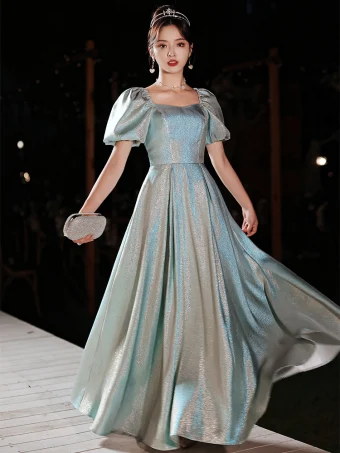 Mode Bleu Ciel Glitter Paillettes Robe De Bal 2022 Princesse Encolure Carrée Manches Courtes Dos Nu Longue Promo Robe De Ceremonie