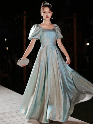 Fashion Sky Blue Glitter Sequins Prom Dresses 2022 A Line Princess Square Neckline Short Sleeve Backless Floor Length Long Prom Formal Dresses