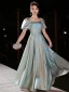 Fashion Sky Blue Glitter Sequins Prom Dresses 2022 A-Line / Princess Square Neckline Short Sleeve Backless Floor-Length / Long Prom Formal Dresses