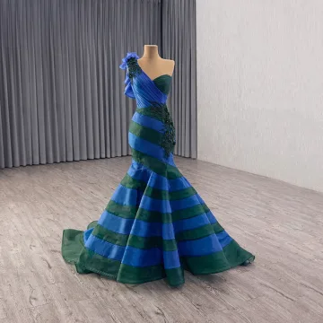 High End Two Tone Ocean Blue Lace Flower Appliques Prom Dresses 2025 Trumpet Mermaid One Shoulder Sleeveless Backless Sweep Train Tulle Formal Dresses