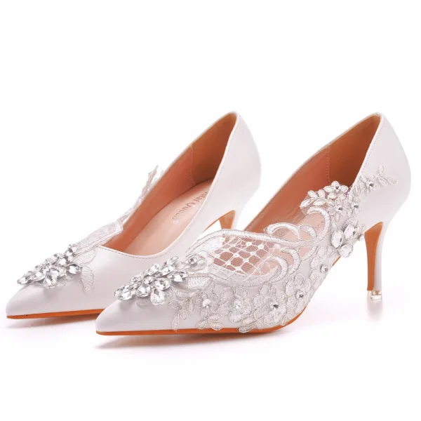 Elegant White Rhinestone Sequins Lace Flower Wedding Shoes 2023 7 cm Stiletto Heels Pointed Toe Wedding Pumps High Heels