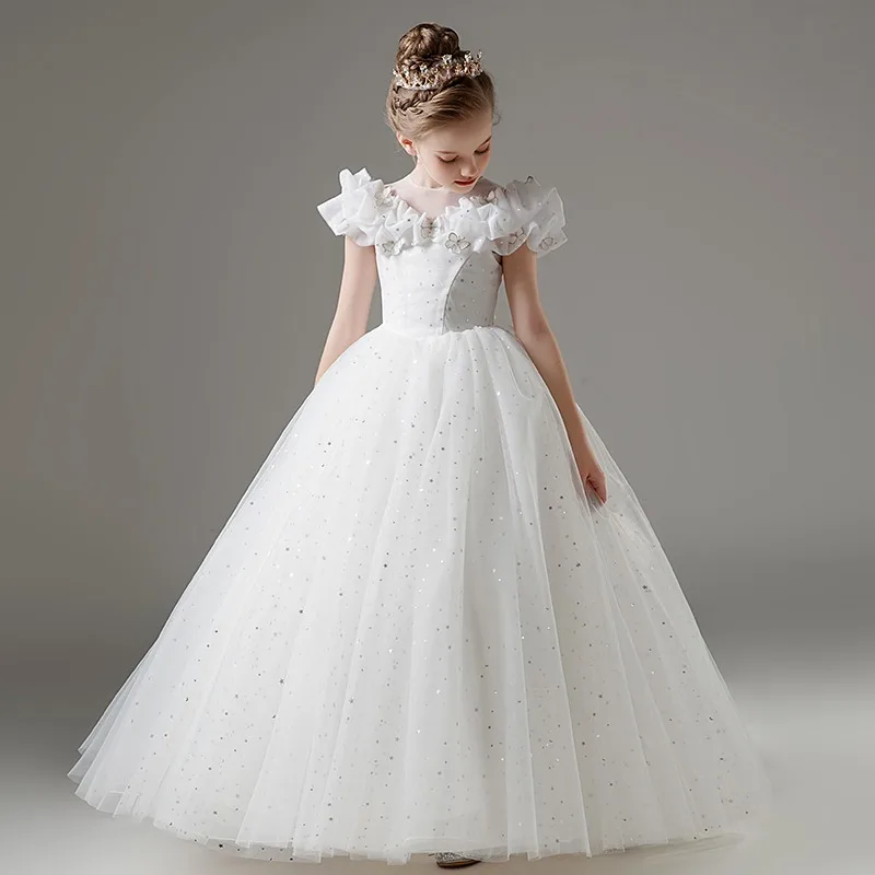 Chic / Beautiful White Star Sequins Butterfly Embroidered Wedding Flower Girl Dresses 2025 Ball Gown Scoop Neck Short Sleeve Floor-Length / Long Chic / Beautiful White Star Sequins Butterfly Embroidered Wedding Flower Girl Dresses 2025 Ball Gown Scoop Neck Short Sleeve Floor-Length / Long