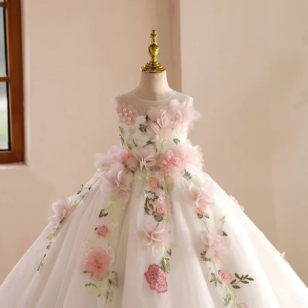 Flower Fairy White Appliques Birthday Flower Girl Dresses 2025 Ball Gown Scoop Neck Sleeveless Backless Sweep Train
