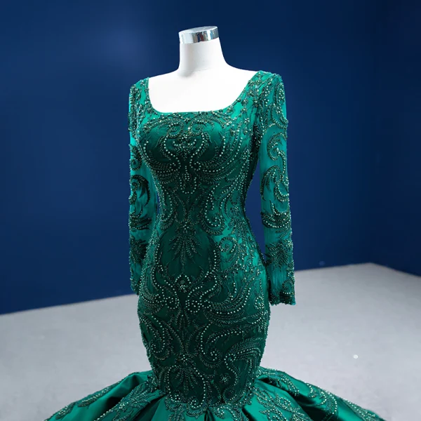 Haut de Gamme Vert Foncé Perlage Perle Paillettes En Dentelle Fleur Robe De Soirée 2022 Satin Trompette / Sirène Encolure Carrée Manches Courtes Dos Nu Longue Robe De Ceremonie
