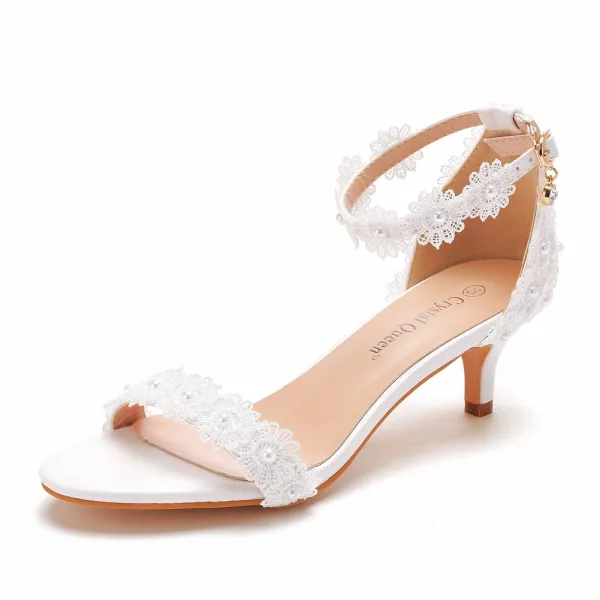 Charming White Pearl Lace Flower Wedding Shoes 2022 5 cm Stiletto Heels Open / Peep Toe Wedding Sandals High Heels
