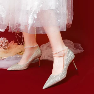 Charming Champagne Sequins Wedding Shoes 2022 Pearl Ankle Strap 8 Cm Stiletto Heels Pointed Toe Wedding Pumps High Heels