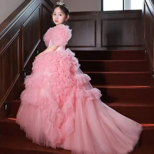 Lovely Candy Pink Birthday Cascading Ruffles Flower Girl Dresses 2022 Ball Gown Scoop Neck Beading Sequins Short Sleeve Backless Floor Length Long Flower Girl Dresses