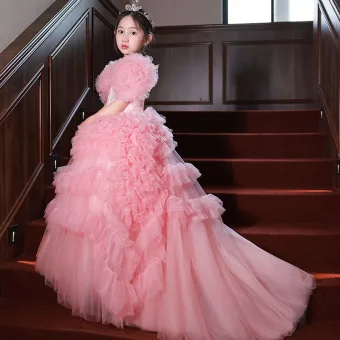 Charmant Rose Bonbon Anniversaire Volants En Cascade Robe Ceremonie Fille 2022 Robe Boule Encolure Dégagée Perlage Paillettes Manches Courtes Dos Nu Longue Robe Ceremonie Fille