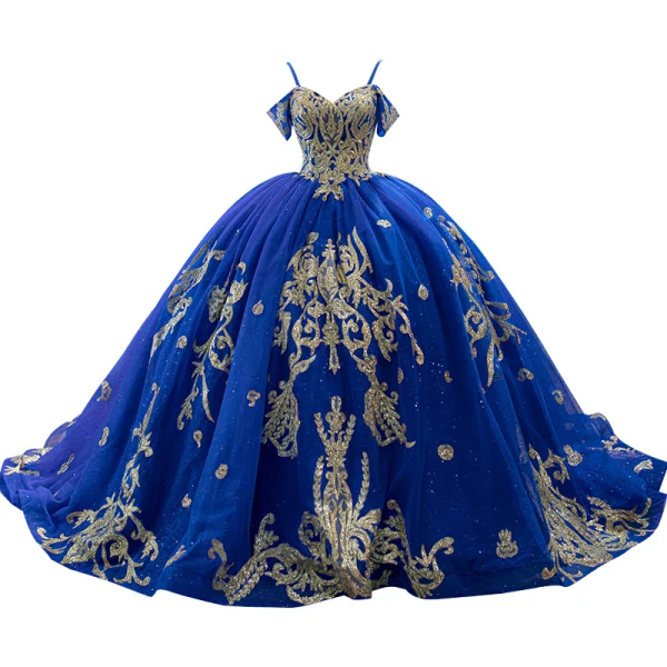 High-end Vintage / Retro Royal Blue Handmade  Beading Sequins Prom Dresses 2023 Ball Gown Spaghetti Straps Short Sleeve Backless Chapel Train Prom Formal Dresses