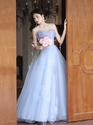 Fashion Sky Blue Butterfly Appliques Pearl Prom Dresses 2023 A Line Princess Strapless Sleeveless Backless Floor Length Long Prom Formal Dresses