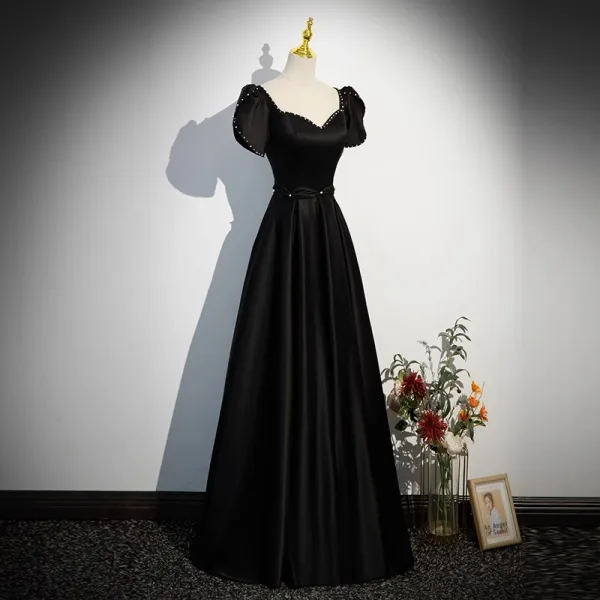 Elegant Black Satin Evening Dresses 2023 A-Line / Princess Square Neckline Short Sleeve Backless Floor-Length / Long Prom Formal Dresses