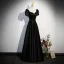 Elegant Black Satin Evening Dresses 2023 A-Line / Princess Square Neckline Short Sleeve Backless Floor-Length / Long Prom Formal Dresses