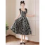 Chic / Beautiful Black Printing Homecoming Graduation Dresses 2023 A-Line / Princess Spaghetti Straps Bow Sleeveless Backless Floor-Length / Long Formal Dresses