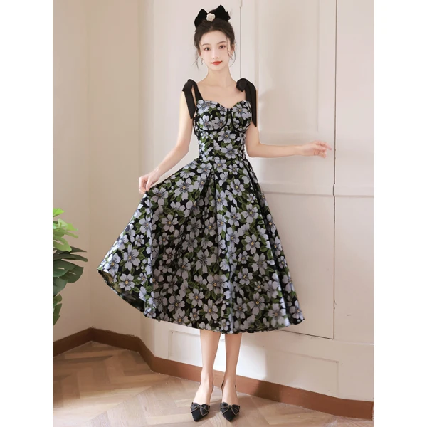 a line cotton midi dress Shop Stage Black Floral Satin Puff Sleeve Floaty Maxi Dress main image 1