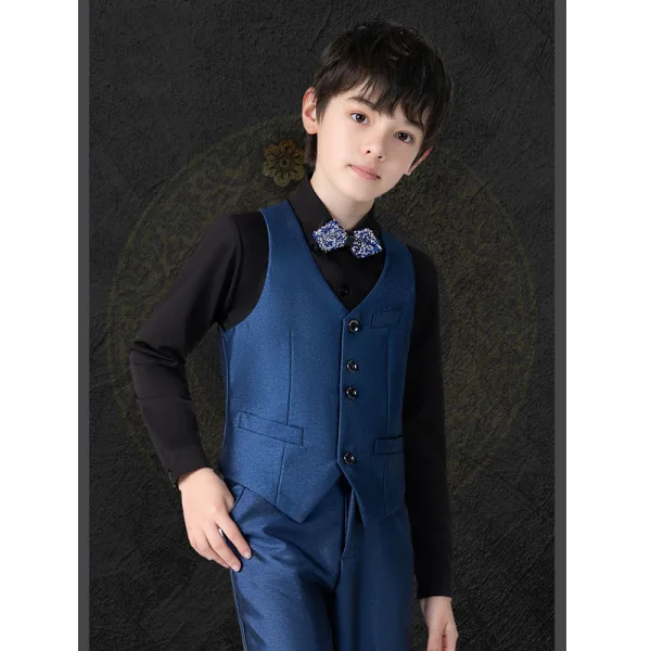 Bleu Marine 5 pièces Manches Longues Costume Garçon Mariage 2022 Manteau Pantalon Chemise Cravate Gilet