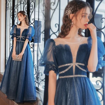 Chic Belle Océan Bleu Paillettes Robe De Bal 2022 Princesse Encolure Dégagée Manches Courtes Longue Promo Robe De Ceremonie