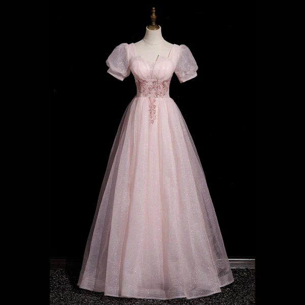 Élégant Gris Perlage Paillettes Robe De Bal 2023 Princesse Encolure Carrée Gonflée Manches Courtes Dos Nu Longue Promo Robe De Ceremonie