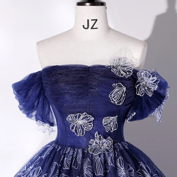 Vintage / Retro Navy Blue Prom Dresses 2022 Ball Gown Off-The-Shoulder Short Sleeve Backless Rhinestone Floor-Length / Long Prom Formal Dresses