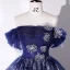 Vintage / Retro Navy Blue Prom Dresses 2022 Ball Gown Off-The-Shoulder Short Sleeve Backless Rhinestone Floor-Length / Long Prom Formal Dresses