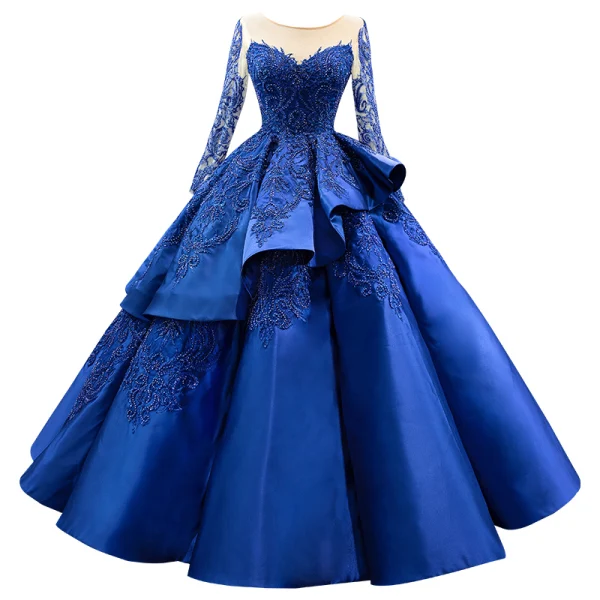 Luxe Bleu Roi Perlage Perle Paillettes En Dentelle Fleur Volants en Cascade Robe De Bal 2022 Robe Boule Encolure Dégagée Manches Longues Longue Promo Robe De Ceremonie