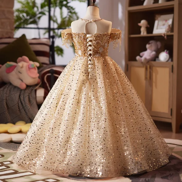 Sparkly Gold Beading Sequins Birthday Flower Girl Dresses 2025 Ball Gown Scoop Neck Short Sleeve Backless Floor-Length / Long Tulle