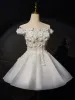 Charming White Pearl Rhinestone Lace Flower Appliques Short / Mini Wedding Dresses 2024 Off-The-Shoulder Sleeveless Backless Short Wedding Dresses