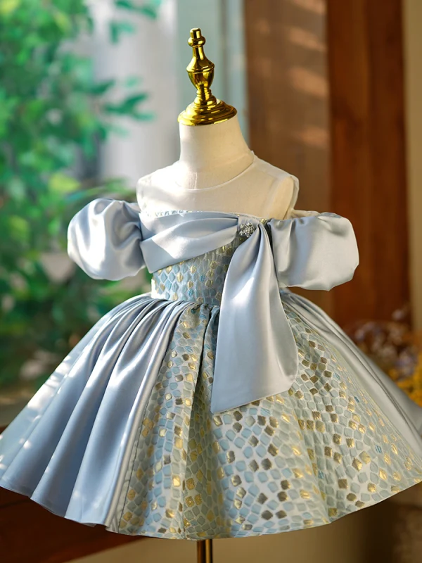 Fashion Silver Grey Birthday Short Flower Girl Dresses 2023 Ball Gown Scoop Neck Puffy Short Sleeve