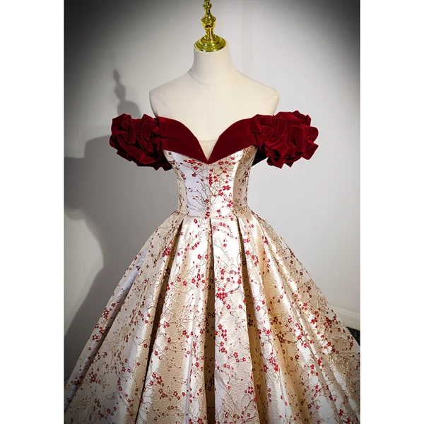 Fashion Burgundy Floral Prom Dresses 2023 Ball Gown Ruffle Off-The-Shoulder Short Sleeve Backless Floor-Length / Long Prom Formal Dresses