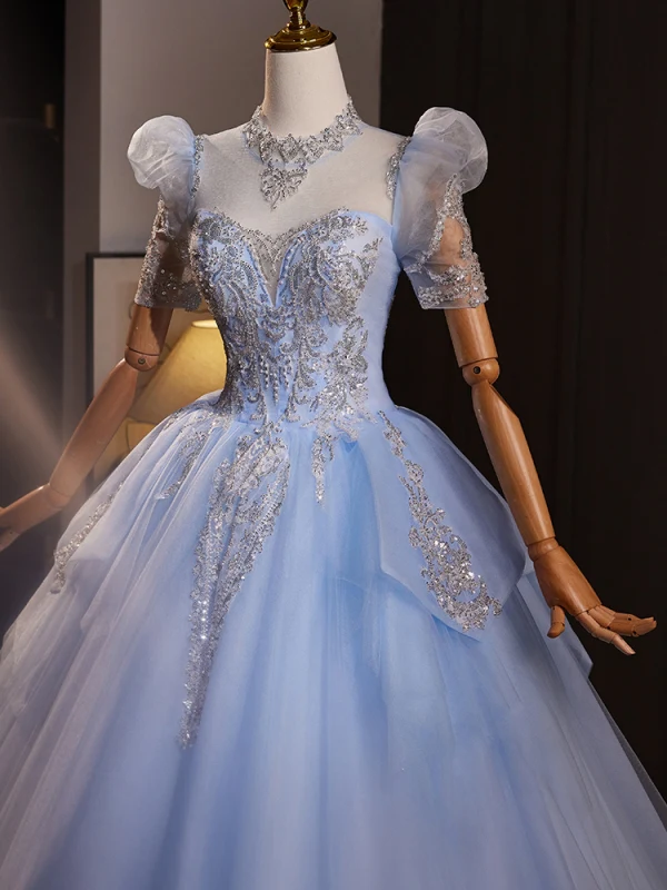 Elegant Sky Blue Beading Pearl Sequins Prom Dresses 2024 Ball Gown Scoop Neck Short Sleeve Backless Floor-Length / Long Prom Formal Dresses