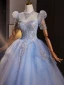 Elegant Sky Blue Beading Pearl Sequins Prom Dresses 2024 Ball Gown Scoop Neck Short Sleeve Backless Floor-Length / Long Prom Formal Dresses