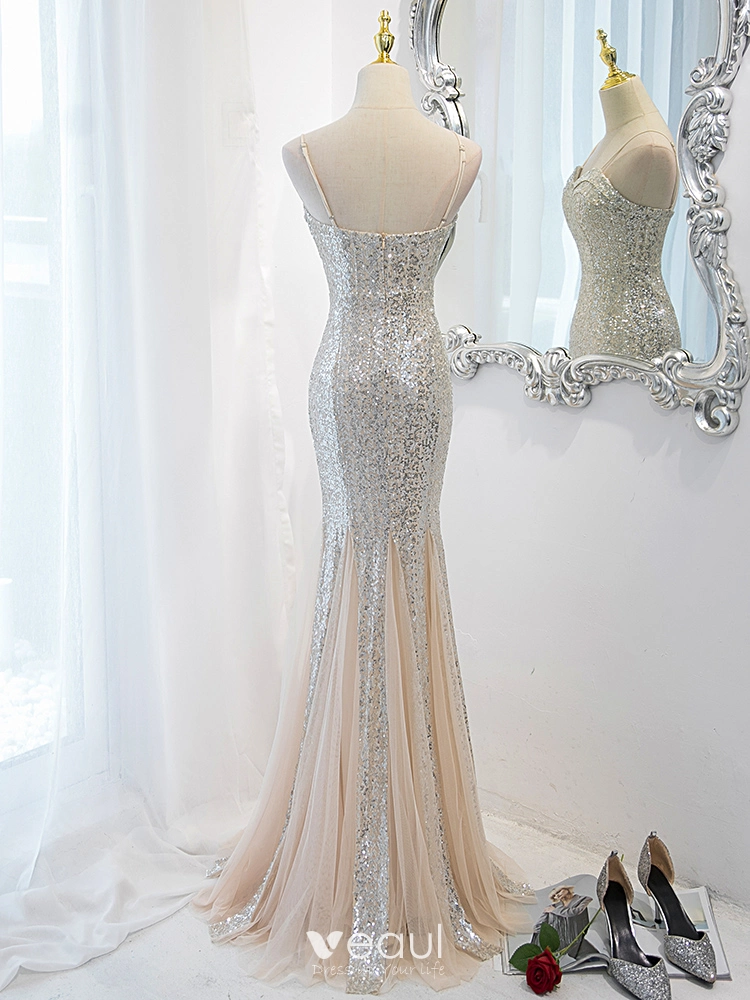 Sequin Gold Trumpet Mermaid Spaghetti Straps Prom Dress