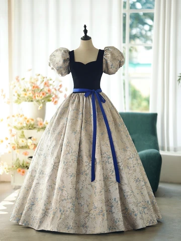 Vintage Originale Bleu Marine Impression Robe De Bal 2024 Robe Boule Encolure Carrée Gonflée Manches Courtes Noeud Ceinture Dos Nu Longue Promo Robe De Ceremonie