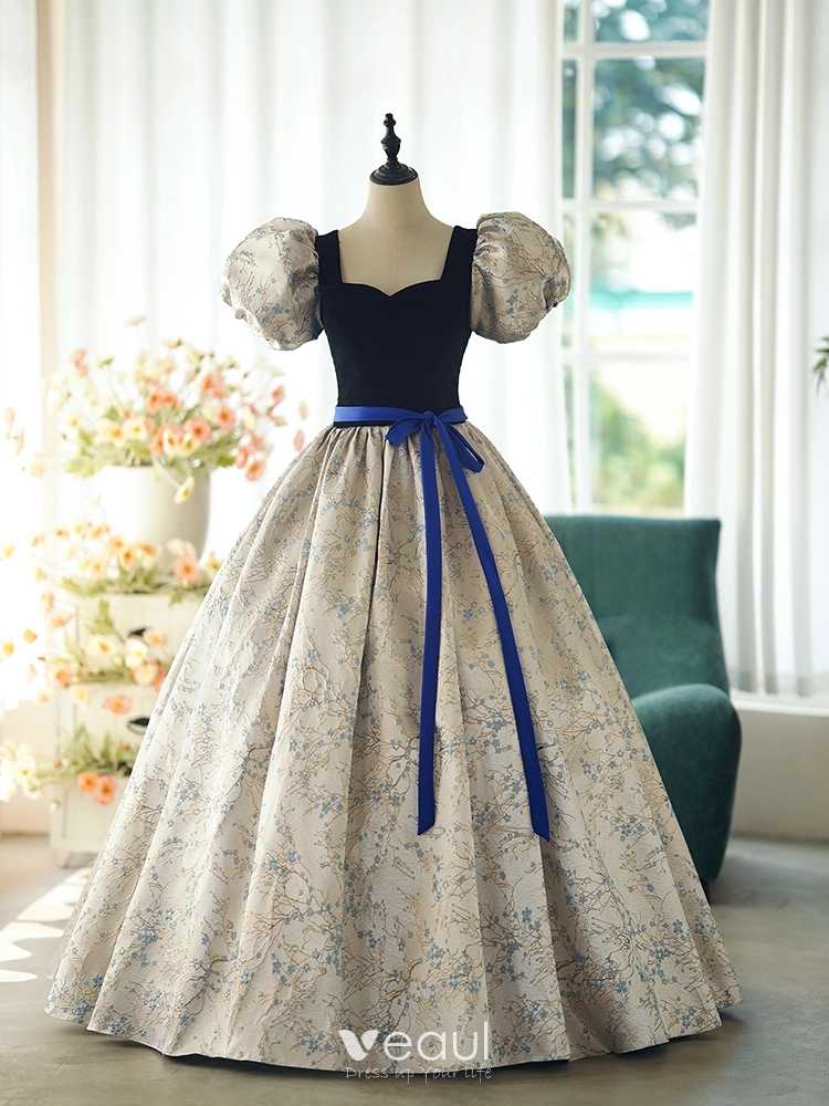 Vintage Retro Navy Blue Printing Prom Dresses 2024 Ball Gown Square Neckline Puffy Short Sleeve Bow Sash Backless Floor Length Long Prom Formal Dresses