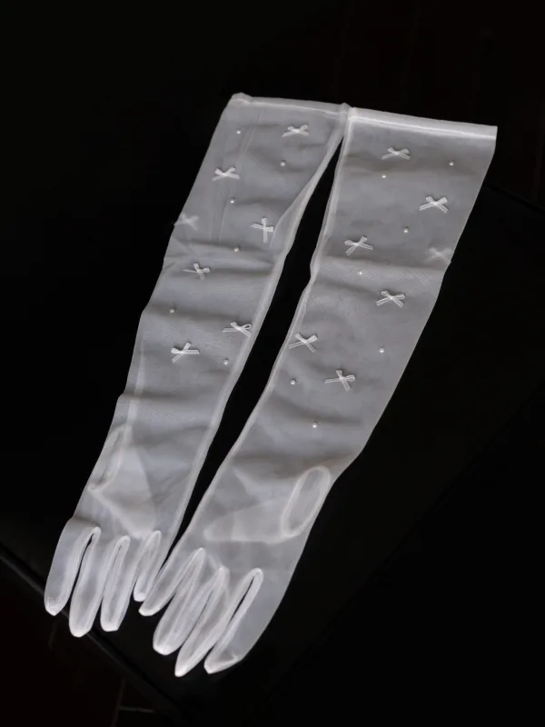 Elegant White Bow Wedding Bridal Gloves 2025 Tulle