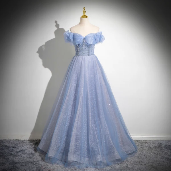 Bling Bling Sky Blue Glitter Beading Pearl Prom Dresses 2024 Ball Gown Off-The-Shoulder Short Sleeve Backless Floor-Length / Long Prom Formal Dresses